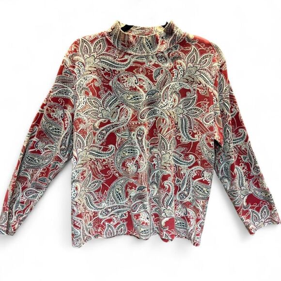 Vintage Red Paisley Mock Neck Long Sleeve Top, Festive Holiday Print size L - Picture 1 of 6